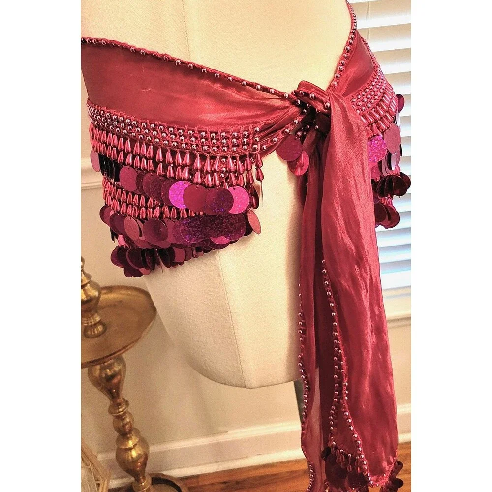 Belly Dance Paillette Hip Scarf Burgundy Magenta Beaded Fringe Preowned Costume